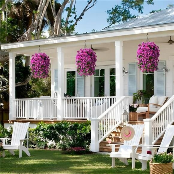 Artificial Hanging Flower Basket Faux Begonia Outdoor Patio Porch Decor UV Safe - Picture 4 of 7